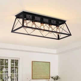 Qcazegy 31.5" Black Flush Mount Ceiling Light Fixture, 5-Light Vintage Industrial Cage Chandelier for Dining Room, Kitchen Island, Living Room, Dimmable Large Semi Flush Mount Close to Ceiling Light