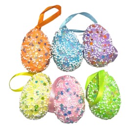 Colorful Easter Eggs with Glitter Sequins, Foam Hanging Easter Egg Ornaments for Tree, Home Garden Tree Decor for Holiday Supplies (Point, 6 Pcs)
