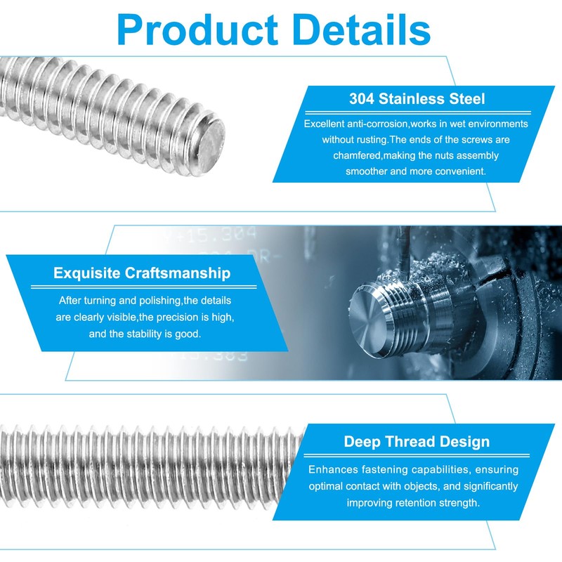 PATIKIL 5/16"-18 UNC 304 Stainless Steel Fully Threaded Rod, 10Pcs