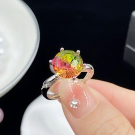 7 Colour Rings for Women 925 Sterling Silver Rings Roundness Ring,Imitation Watermelon Color Tourmaline Open Ring Female Fireworks Cut Fashion Ring