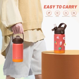 pluseight Kids Insulated Water Bottle with Straw Lid, 350ml BPA-Free Double Wall Vacuum Tumbler 18/8 Stainless Steel Leak Proof Kids Cups with Straw for School Travel Boys Girls (Orange)