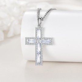 YFN Cross Necklace Sterling Silver Cubic Zirconia Cross Pendant Chain Religious Jewellery Gifts for Men and Women, Sterling Silver, No Gemstone