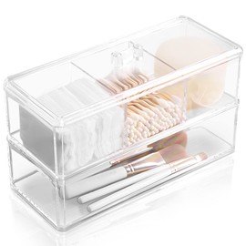 KIMCHOMERSE Qtip Holder Dispenser, 2Layer Cotton Ball Holder for Cotton Swab, Cotton Pad Container for Bathroom Vanity Countertop Storage, Drawer Organizer for Earrings, Jewelrys