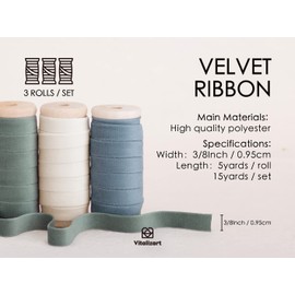 Vitalizart Velvet Ribbon Dusty Green Blue 3/8" x 15 Yd Fabric Trim 3 Rolls * 5 Yd for Christmas Wreath Decoration Craft Ornaments Gift Wrapping Bows