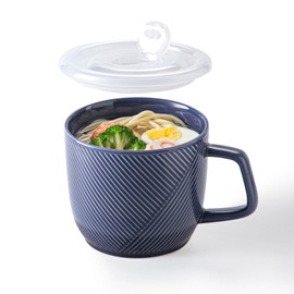 Adewnest Ceramic Soup Bowl with Lid & Handle: 32 oz Microwave Safe Food Container for Ramen Noodles Cereal Leftovers - Extra Large Mugs for Breakfast Lunch Picnic Camping - Navy, Set of 1