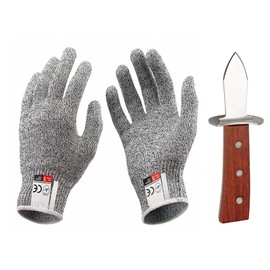LdawyDE Oyster Shucker Kit, 6.7 Inch Oyster Opener with Wooden Handle with 1 Pair of Cut Resistant Gloves (26 cm) of Class 5 for BBQ Shell Animals and Seafood