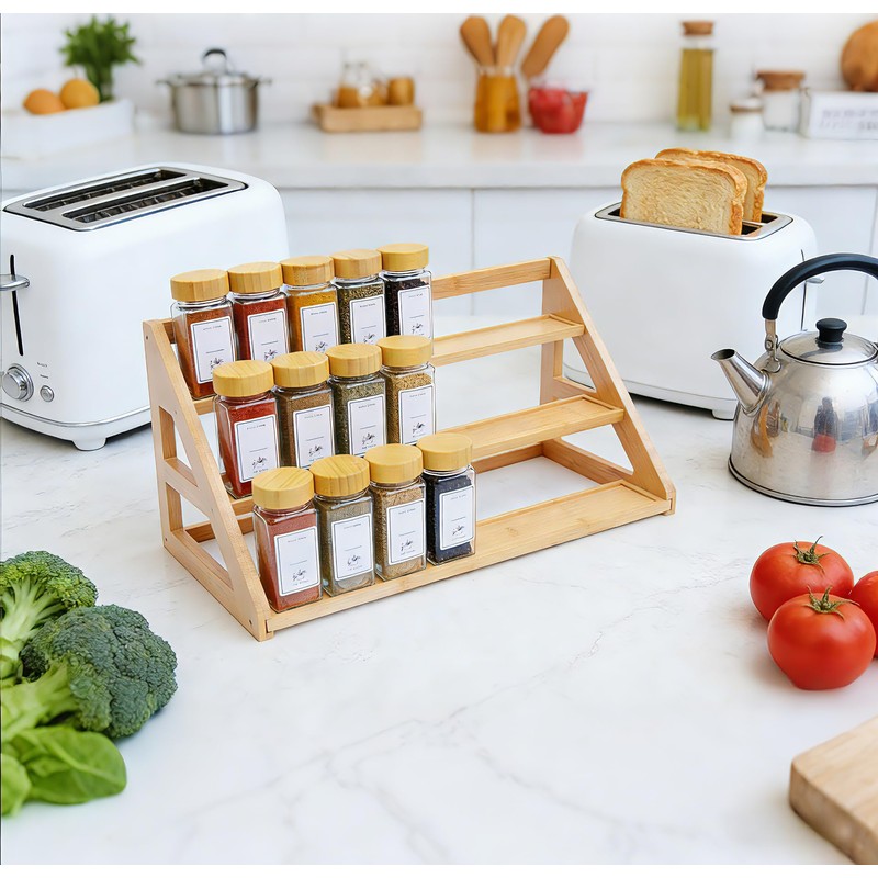 Rasydyn Bamboo Spice Rack: Large Spice Shelf for Kitchen Countertop