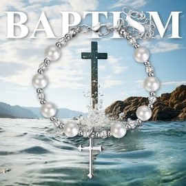 Flongo Kreuz Rosenkranz Perlenarmband Damen: Weiß Christliches Kreuz Kettenarmband aus Edelstahl geeignet für Geburtstage Jahrestage Weihnachten Geschenke für Mama Freundin Tochter