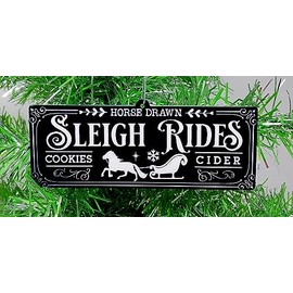 Black and White Chalk Themed Christmas Ornament - Horse Drawn Sleigh Rides