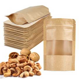 MAQIHAN 50 Stand Up Pouches Bags - 3.5"×5.5" Resealable Ziplock Kraft Paper Bags Window Food Packaging Homemade Bagel Bread Cookie Candy Tea Herb Spice Coffee Jerky Dog Treat Bags Small Business