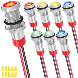 MKBKLLJY 8Pcs 6mm DC 12-24V Red/Yellow/Blue/Green LED Metal Indicator Light Waterproof Signal Lamp with 150mm Cable Length Metal LED Indicator Light and Wiring Cap for Car Interior Trucks Boats