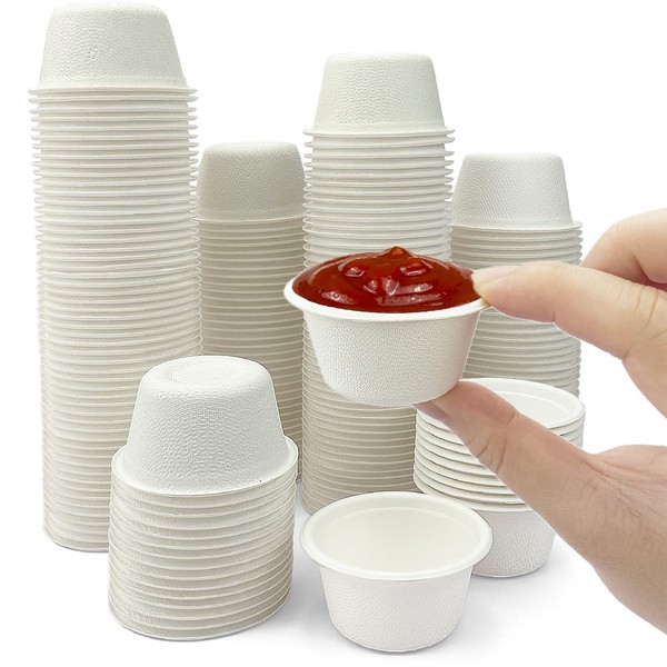 CAMKYDE 4 oz Disposable Bagasse Fiber Souffle Cups 100pk, 100% Natural Biodegradable Compostable Condiment Cups Sample Cups Tasting Cups (White, Pack of 100)