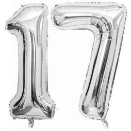 Silver 17 Number Balloons, 40 Inch Giant Number 17 Balloons Foil Mylar Helium Silver Number Balloons for 17th Birthday Party Supplies Anniversary Event Celebration Decorations