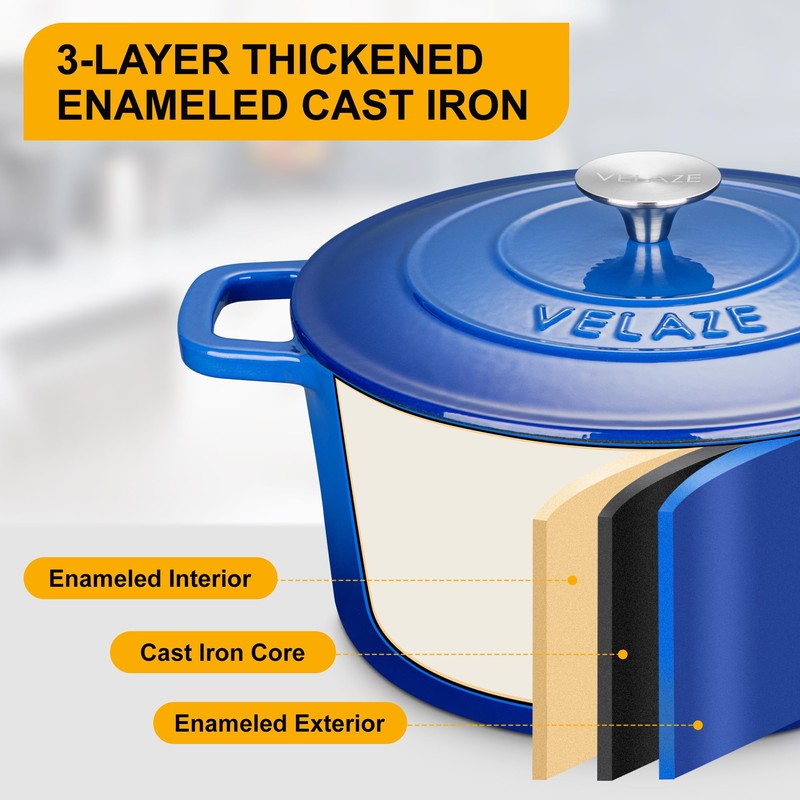 Velaze 6 QT Enameled Dutch Oven Pot with Lid, Cast
