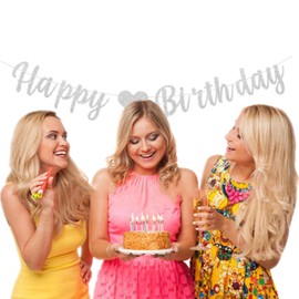 bng-bng Happy Birthday Banner Bunting Silver Birthday Party Decorations For Women Men Girls Boys Large Hanging Letter Garland Photo Backdrop Party Supplies