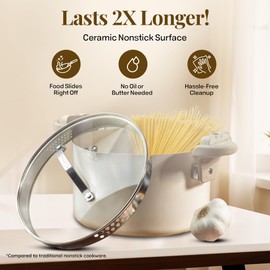 GOTHAM STEEL 5 Qt Ceramic Stock Pot Multipurpose Pasta Pot with Strainer Lid & Twist and Lock Handles, Nonstick Ceramic Pot for Soup, Spaghetti, Rice, Pots for Kitchen, Dishwasher Safe - Cream