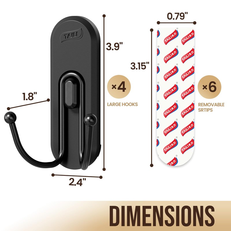 TAILI Adhesive Double Hooks for Hanging, 4 Coat Hooks &