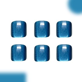 Blue Press on Toenails Short Square Fake Toe Nails Cat Eye False Toe Nails Press on Glossy Shiny Acrylic Nails Dark Blue Cat Eye Full Cover Glue on Toe Nails for Women Nails Decoration Manicure 24Pcs