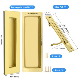 Dontay Pocket Door Pull Handle,304 Stainless Steel, Rectangle Recessed Flush Finger Pulls & Edge Spring Pull,No Lock,Hardware Set for More Than 1-1/8” Thickness Sliding Door(Satin Brass,6'')
