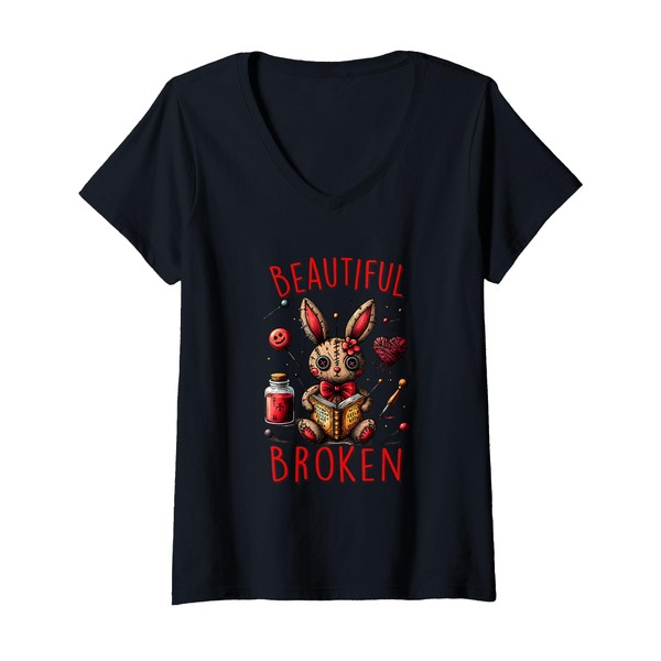 Womens Beautifully Broken Voodoo Doll - Resilience Gothic Art V-Neck