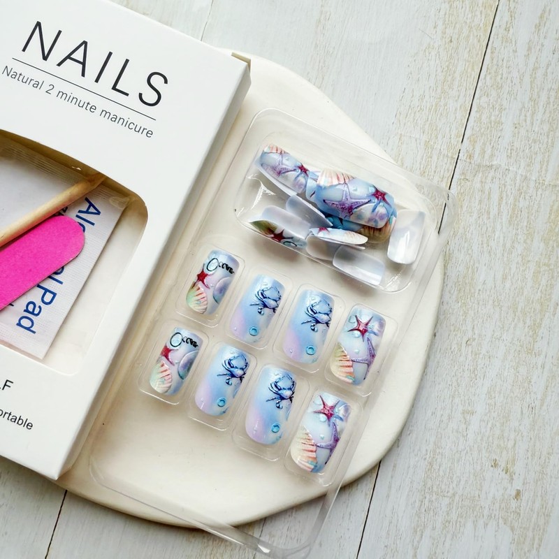 Summer Press on Nails Medium Square Fake Nails with Sea