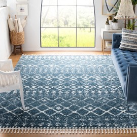 SAFAVIEH Berber Fringe Shag Collection 6'7" Square Blue/Ivory BFG519M Moroccan Non-Shedding Living Room Bedroom Dining Room Entryway Plush 1.2-inch Thick Area Rug