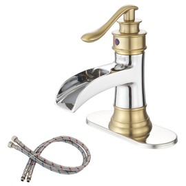 BWE Bathroom Faucet Waterfall Single Handle Chrome and Gold Vanity with Pop Up Drain Stopper with Overflow One Hole Lever Bath Sink Basin Restroom Mixer Tap Commercial Supply Line