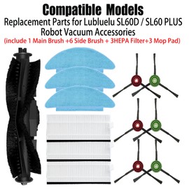 Replacement Parts for Lubluelu SL60D / SL60 PLUS Robot Vacuum Accessories 1 Main Brush 6 Side Brush 3 HEPA Filter 3 Mop Pad