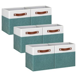 13x13 Storage Cubes - 6 Pack - Linen Fabric 13 Inch Cube Storage Bins for Bedroom, Living Room, Clothes and Toys; Foldable, Dual Leather Handles