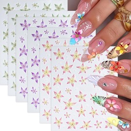 6 Pcs Flower Nail Art Stickers Decals 5D Lily Flower Embossed Nail Decals Purple Green Lily Hibiscus Tropical Floral Summer Flowers Nail Design Pegatinas para Uñas Floral Nail Supplies for Women