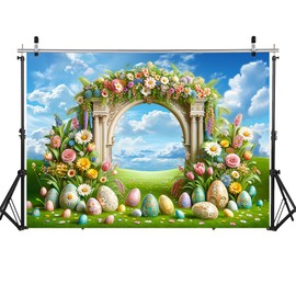 WOLADA Easter Backdrop Easter Lawn Backdrop Flower Arch Easter Egg Backdrop Easter Outdoor Party Backdrop Children's Photo Backdrop 7x5FT FW91