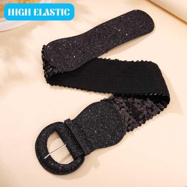 Yalice Sparkle Sequins Elastic Waist Belt Stretchy Wide Waist Belts for Dresses Lady Leather Belt for Women (Black, Fits Waist Size：25‘’-32‘’)