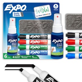EXPO Dry Erase Markers Kit, Chisel Tip, Assorted Colors, Eraser, Spray Cleaner, 6 Count - Whiteboard, Calendar, Office Essentials, School, Classroom, Teacher Supplies