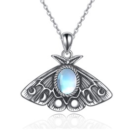 AXELUNA Moth Moonstone Necklace Sterling Silver Moth Pendant Witchy Jewellery for Women Moon Girls, Sterling Silver, Zircon