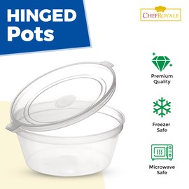 CHEF ROYALE 50 pcs, 2oz Clear Round Hinged Sauce Pots with Lids - Recyclable Containers for Chutney, Ketchup, and Dips - Perfect for Takeaways, Restaurants and More (50, 2oz)