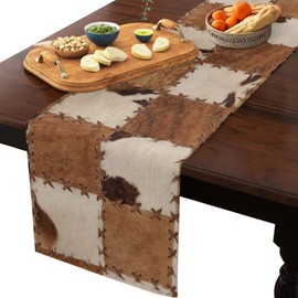 Western Style Cowhide Leather Animal Hair Cotton Linen Table Runner Vintage Splicing Grid Dresser Scarf 13x60In,Kitchen Dinning Table Runners Decor for Indoor Outdoor Party Holiday Wedding Wildlife