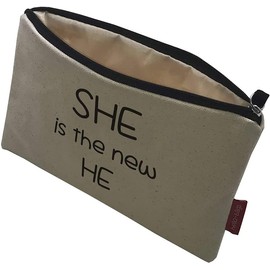 Hello-Bags. Makeup Bag / Wristlet Handbag Exterior 100% Cotton Zipper and Lining Packed in a Kraft Gift Envelope "SHEISTHE" Colour Ecru/Black 23 x 15.5 cm, Ecru, 23 centimeters, Contemporary
