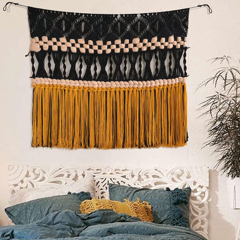 IOWER Macrame Wall Hanging Black Woven Macrame Wall Decor Boho