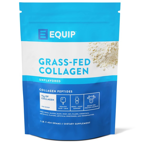 Equip Foods Grass Fed Collagen Powder -100% Hydrolyzed Bovine Collagen Peptides with Amino Acids - Prime Beef Collagen for Healthy Joints, Skin, & Nails - 1 Pound, Unflavored