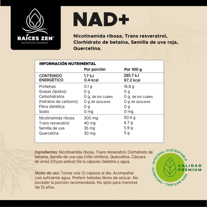 NAD+ Nicotinamida Ribosa, Resveratrol, Betaina, Quercetina Raíces Zen Súper Premium