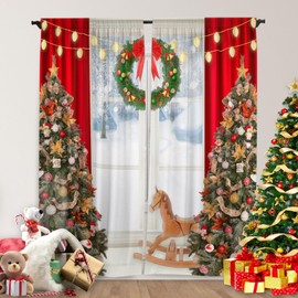 Yilinata Christmas Window Curtain Winter Xmas Tree Print Curtains for Living Room Glitter Bokhen Light String Curtains Holiday Decor Rod Pocket Darkening Drapes for Bedroom 84 in x 84 in