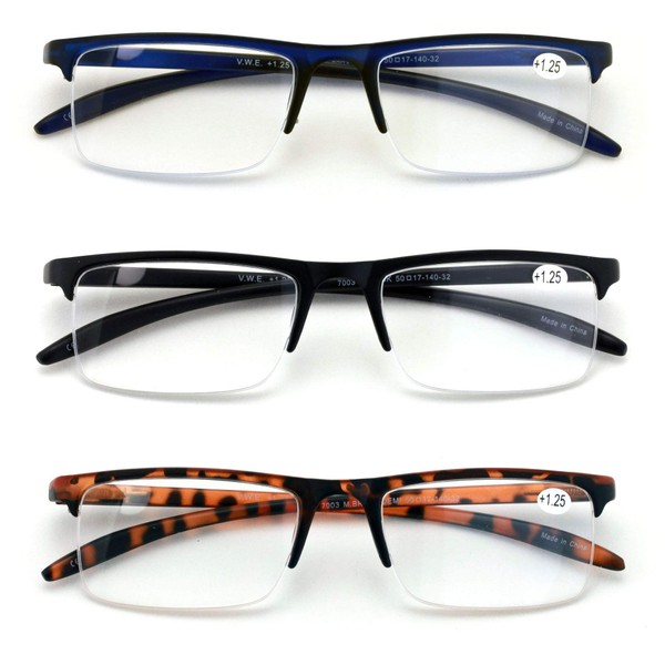 V.W.E. 3 Pairs Half Rim Rectangular Readers With Spring Hinge