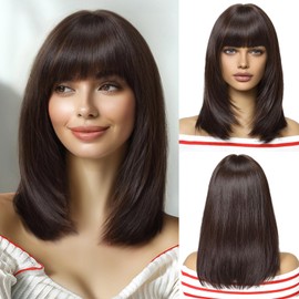 OUFEI Dark Brown Bob Wig With Bangs Short Straight Wig For Women Synthetic Hair Wigs for Daily Party Cosplay Wear