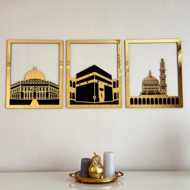 iwa concept Masjid Al Aqsa, Kaaba & Masjid An-Nabawi Islamic Wall Art, Wooden Blessed Places Islamic Wall Decor, Gift for Muslims at Ramadan Eid (Medium, Gold | All Three)