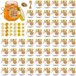 GIVAMEIHF Mini Glass Honey jars-1.5oz, 60 pcs Hexagon Honey Jars with Dipper 60 Bee Stickers,60-Tags,Jutes Rope,Mini Honey Jars with Lids, Perfect for Jams,Baby Shower, Wedding Favors, Party Favors