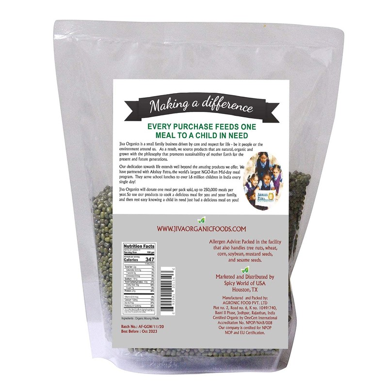 Jiva Organics Organic Mung Beans Whole 4 LB LARGE Bag