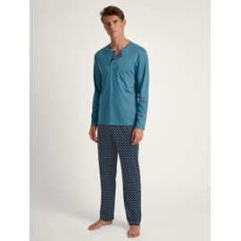 CALIDA Relax Choice Men's 100% Supima Cotton Long Pyjamas with Fabric Covered Elastic Waistband, Storm Blue