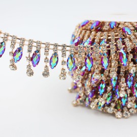 PEARLY JUN 1 Yards Rhinestone Trim Chain Crystal AB Gold Fringe Sewing Dress DIY Party Wedding Bouquet for Decoration Bridal Costume Embellishment Clothing Accessories