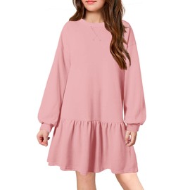 Arshiner Girls Dresses Long Sleeve Pullover Tops Drop Shoulder Sweatshirt Casual Dress with Pockets Pink Kids 5-6 Y