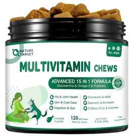 NATURE TARGET Multivitamin for Dogs - with MSM & Glucosamine, Omegas 3 & 6, Probiotics for Digestive Health, Joint Support, Skin & Coat, Immune System & Overall Health 120 Soft Chews